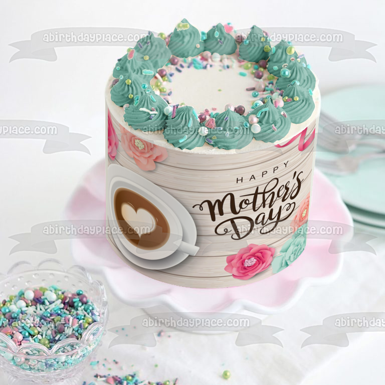 Feliz día de la madre flores taza de café adorno comestible para tarta imagen ABPID53811 