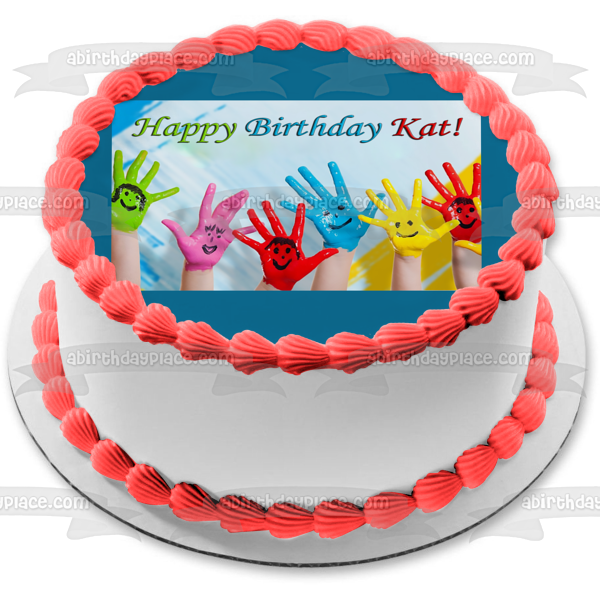 Happy Birthday Hands Customizable Paint Smiley Face Edible Cake Topper Image ABPID53539