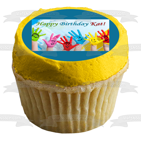 Happy Birthday Hands Customizable Paint Smiley Face Edible Cake Topper Image ABPID53539