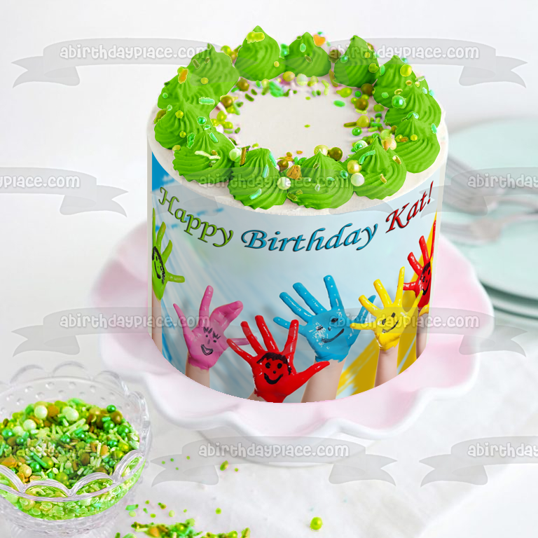 Happy Birthday Hands Customizable Paint Smiley Face Edible Cake Topper Image ABPID53539