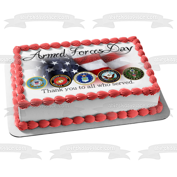 Armed Forces Day American Flag Military Seals "Thank You to All Who Served" Edible Cake Topper Image ABPID53831