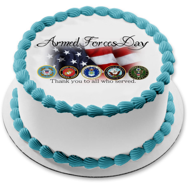 Armed Forces Day American Flag Military Seals "Thank You to All Who Served" Edible Cake Topper Image ABPID53831