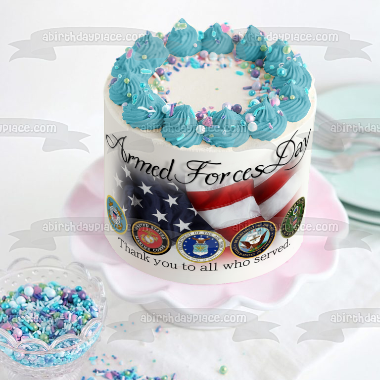 Armed Forces Day American Flag Military Seals "Thank You to All Who Served" Edible Cake Topper Image ABPID53831