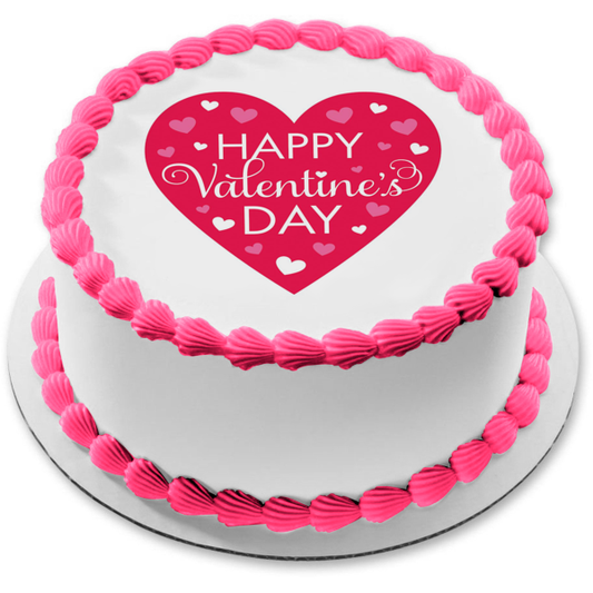 Happy Valentine's Day Pink Hearts Edible Cake Topper Image ABPID53576