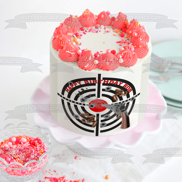 Revolver Gun Target Flying Bullet Feliz Cumpleaños Personalizable Comestible Cake Topper Imagen ABPID53648 