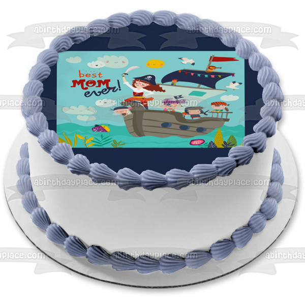 Decoración comestible para tarta para el día de la madre, capitán mami, barco pirata, madre e hijos, imagen ABPID53699 