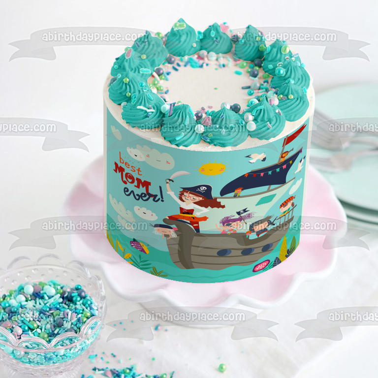 Decoración comestible para tarta para el día de la madre, capitán mami, barco pirata, madre e hijos, imagen ABPID53699 