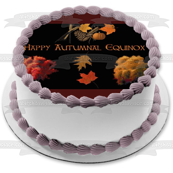 Feliz equinoccio de otoño Hojas de colores otoñales Adorno comestible para tarta Imagen ABPID54240 