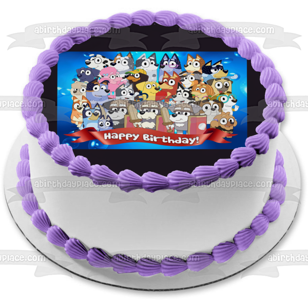 Bluey Cast Banner de feliz cumpleaños Bandit Chilli Mrs. Retreiver Tía Trixie Heeler Imagen comestible para decoración de tarta ABPID54026 