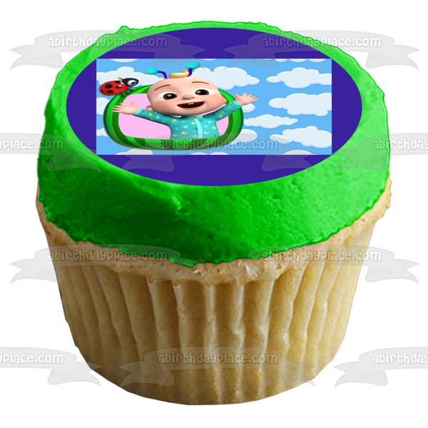 Cocomelon Baby JJ en sandía, mariquita, nubes, fondo relleno, decoración comestible para tarta, imagen ABPID54029 