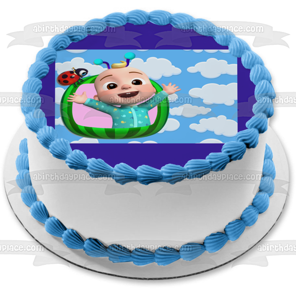 Cocomelon Baby JJ en sandía, mariquita, nubes, fondo relleno, decoración comestible para tarta, imagen ABPID54029 