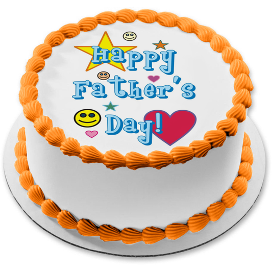 Happy Father's Day Colorful Hearts Stars and Smiley Faces Edible Cake Topper Image ABPID54045