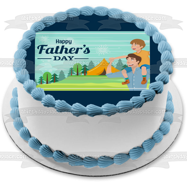 Feliz día del padre, padre e hijo, tienda de campaña, árboles, decoración comestible para tarta, imagen ABPID54046 