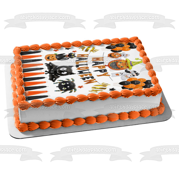 Happy Halloween Jack-O-Lanterns Spiders Ghosts Black Cat Edible Cake Topper Image ABPID54317