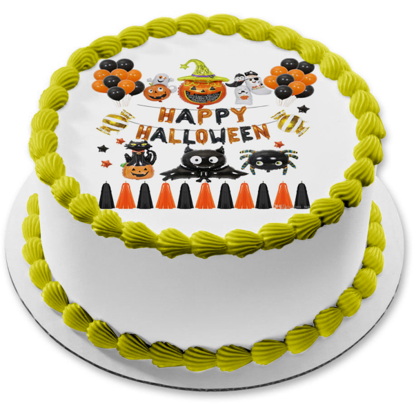 Happy Halloween Jack-O-Lanterns Spiders Ghosts Black Cat Edible Cake Topper Image ABPID54317