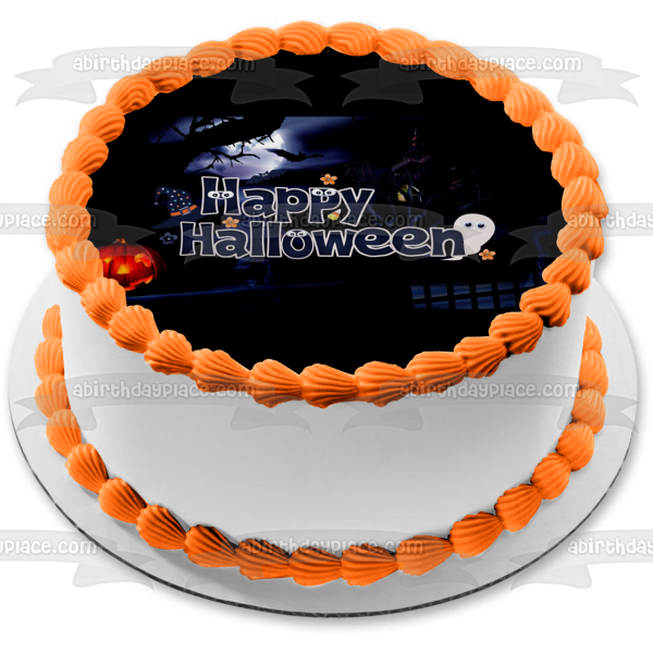 Imagen comestible para decoración de tarta con fantasmas de Jack-O-Lantern aterrador de Feliz Halloween ABPID54320 