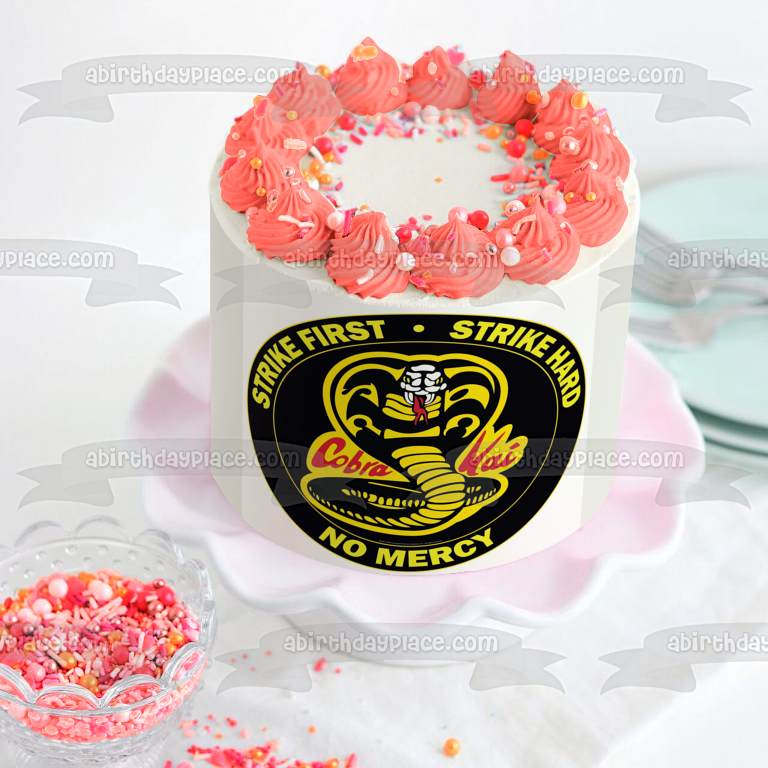 Cobra Kai Snake "Strike First Strike Hard No Mercy" Imagen comestible para decoración de tarta ABPID54073 