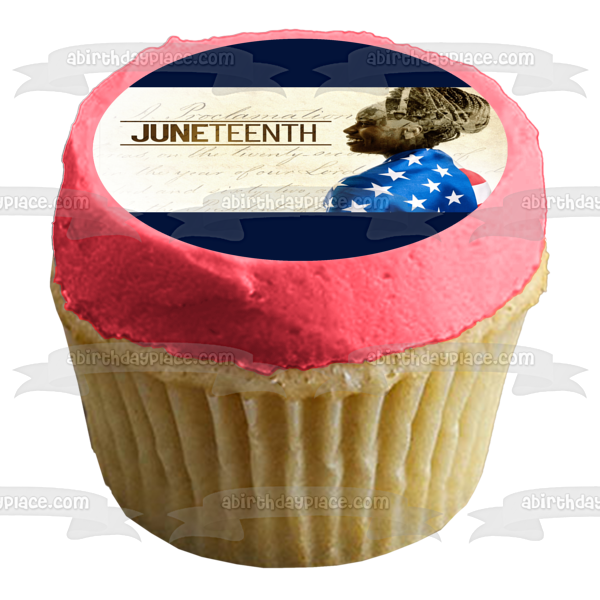 Imagen de adorno comestible para tarta del Día de la Libertad del 16 de junio Mujer afroamericana con una bandera estadounidense ABPID54111 