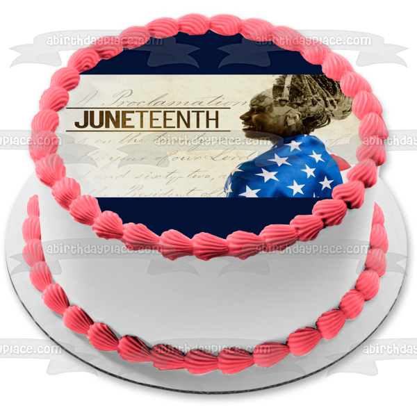 Imagen de adorno comestible para tarta del Día de la Libertad del 16 de junio Mujer afroamericana con una bandera estadounidense ABPID54111 