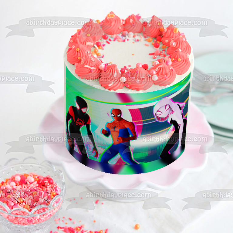 Spider-Man Across the Spider-Verse Battle Ready Halftone Pop Miles Morales Spider-Gwen Edible Cake Topper Image ABPID56634