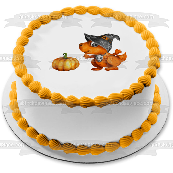 Halloween Dinosaur with a Pumpkin Edible Cake Topper Image ABPID56589