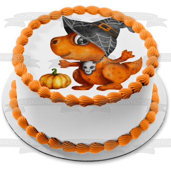 Halloween Dinosaur with a Pumpkin Edible Cake Topper Image ABPID56589