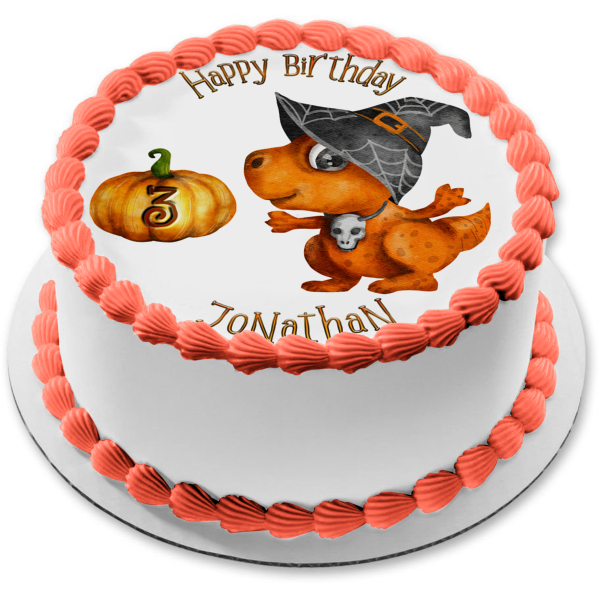 Halloween Dinosaur with a Pumpkin Edible Cake Topper Image ABPID56589