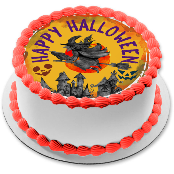 Happy Halloween Witch Flying on a Raven  Over a Town Edible Cake Topper Image ABPID56599