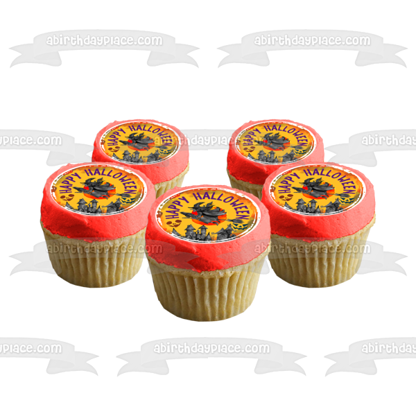 Happy Halloween Witch Flying on a Raven  Over a Town Edible Cake Topper Image ABPID56599