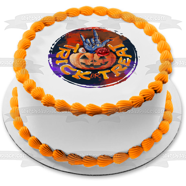 Truco o trato, signo de roca, cuernos, ojo, calabaza, rosa, decoración comestible para tarta, imagen ABPID56647 