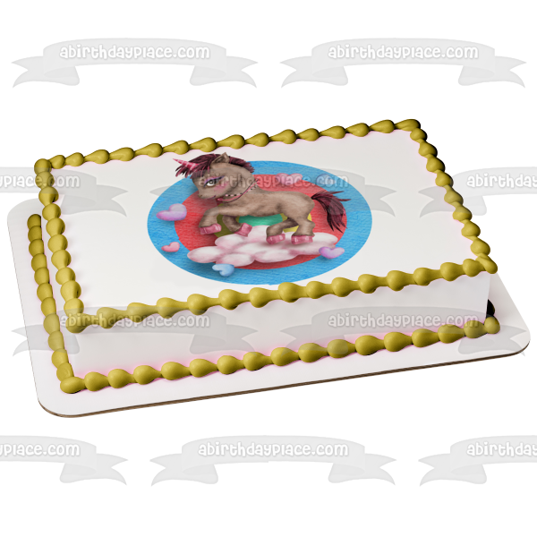 Maravilloso unicornio marrón con nubes rosas y corazones, decoración comestible para tarta, imagen ABPID56682 