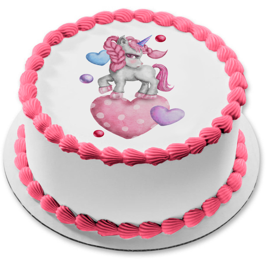 Adorno comestible para tarta con corazones rosas y blancos de unicornio maravilloso, imagen ABPID56683 