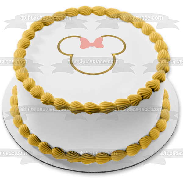 Marco con nombres y orejas de Minnie Mouse dorado con lazo rosa, adorno comestible para tarta, imagen ABPID56698 