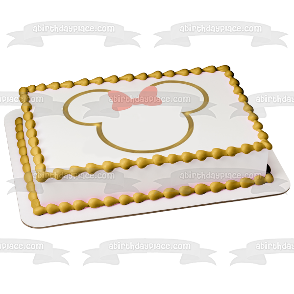 Marco con nombres y orejas de Minnie Mouse dorado con lazo rosa, adorno comestible para tarta, imagen ABPID56698 