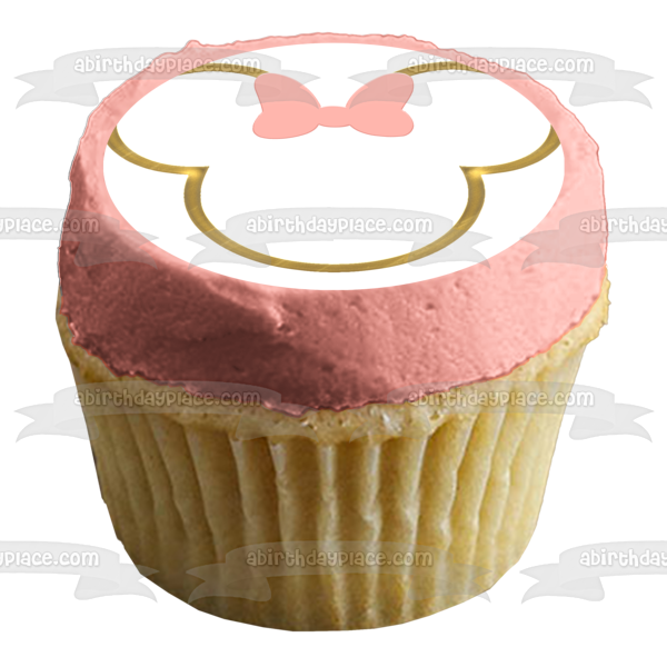 Marco con nombres y orejas de Minnie Mouse dorado con lazo rosa, adorno comestible para tarta, imagen ABPID56698 