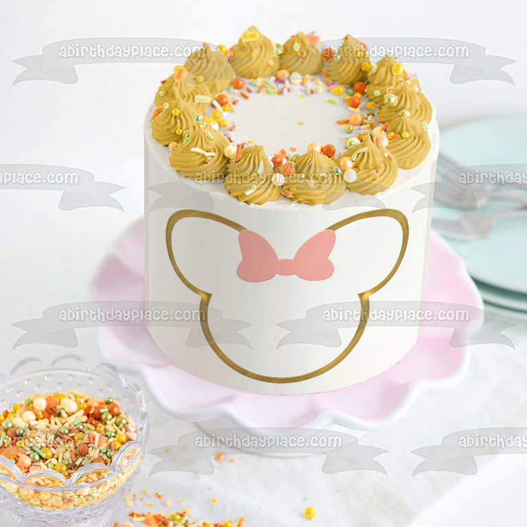 Minnie Mouse Ears Names Frame Gold with a Pink Bow Edible Cake Topper Image ABPID56698