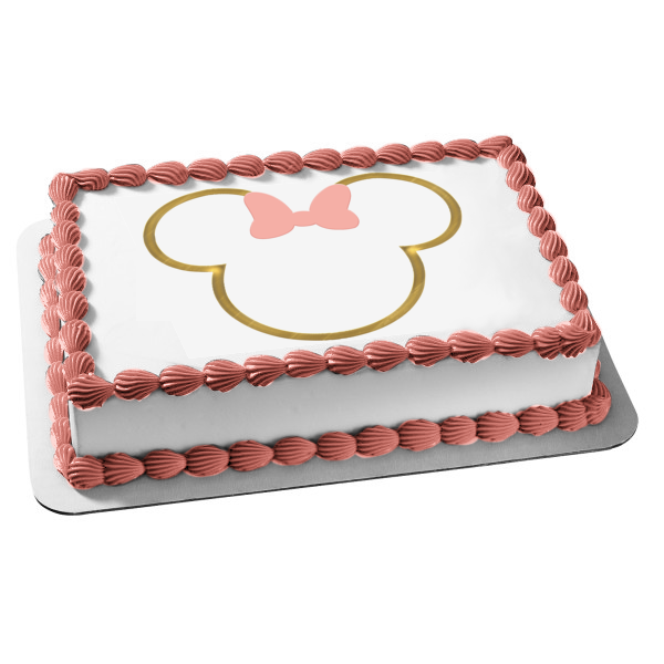 Marco con nombres y orejas de Minnie Mouse dorado con lazo rosa, adorno comestible para tarta, imagen ABPID56698 