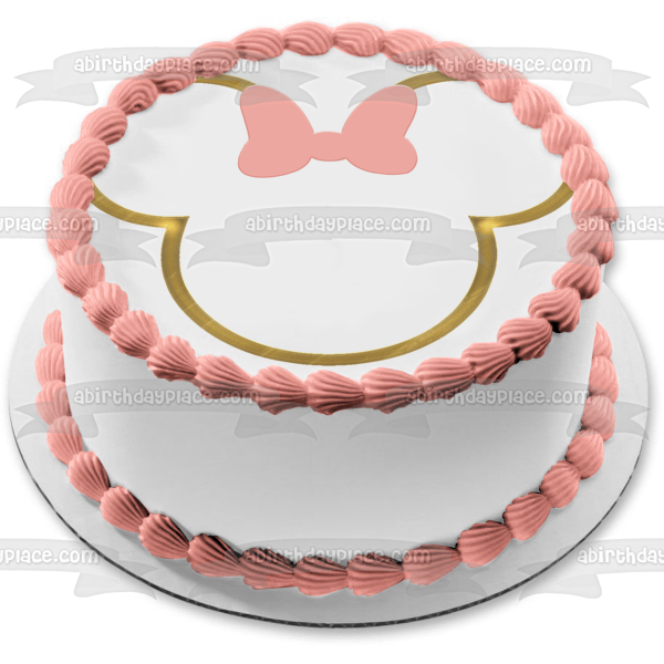 Marco con nombres y orejas de Minnie Mouse dorado con lazo rosa, adorno comestible para tarta, imagen ABPID56698 