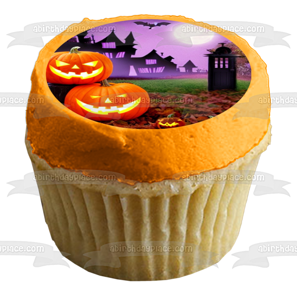 Happy Halloween Pumpkins Bats and a Haunted House Edible Cake Topper Image ABPID56712