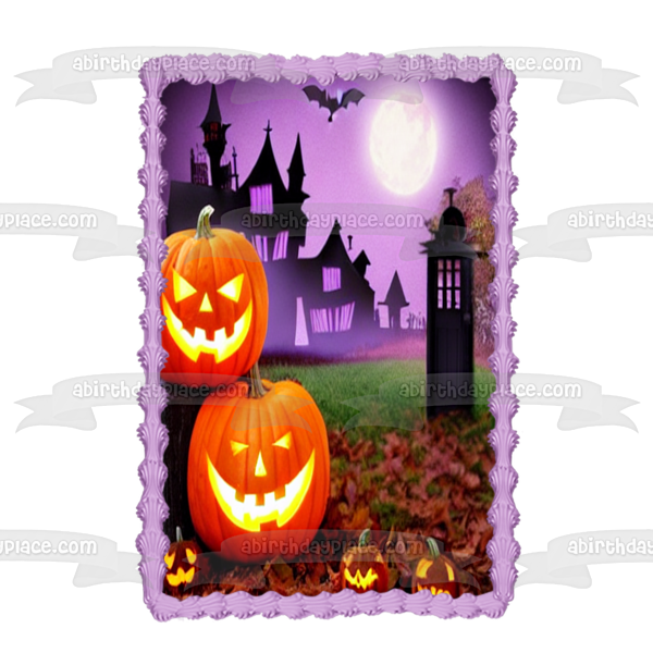 Happy Halloween Pumpkins Bats and a Haunted House Edible Cake Topper Image ABPID56712