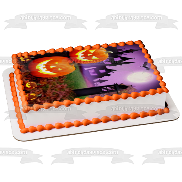 Happy Halloween Pumpkins Bats and a Haunted House Edible Cake Topper Image ABPID56712