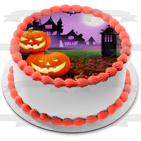 Happy Halloween Pumpkins Bats and a Haunted House Edible Cake Topper Image ABPID56712