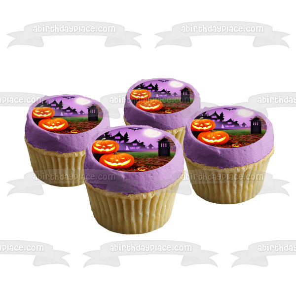 Happy Halloween Pumpkins Bats and a Haunted House Edible Cake Topper Image ABPID56712