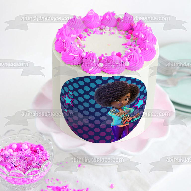 Imagen de decoración comestible para tarta con nombre y edad personalizables de Karma's World ABPID56736 