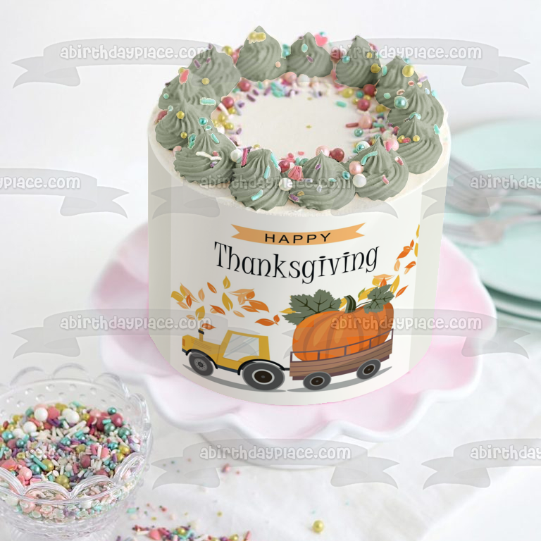 Happy Thanksgiving Truck Pulling a Large Pumpkin Edible Cake Topper Image ABPID56748