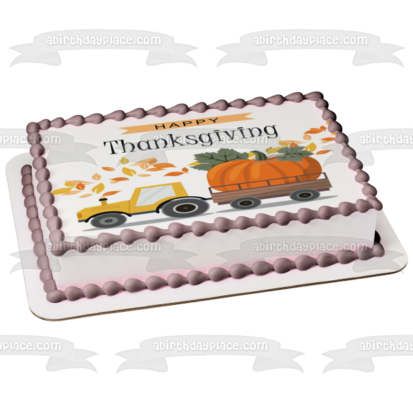 Happy Thanksgiving Truck Pulling a Large Pumpkin Edible Cake Topper Image ABPID56748