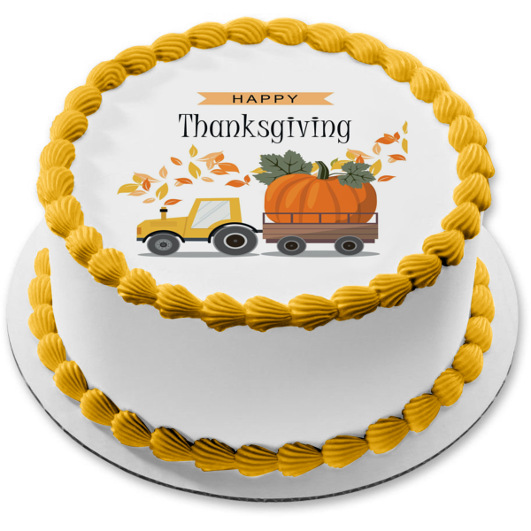 Happy Thanksgiving Truck Pulling a Large Pumpkin Edible Cake Topper Image ABPID56748