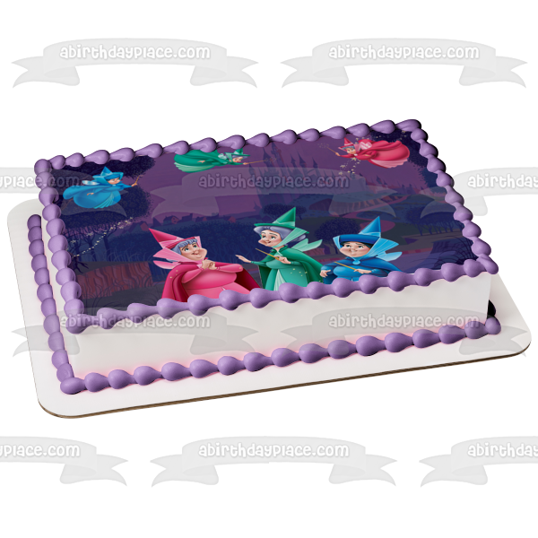 Disney the Good Fairies Flora Fauna Merryweather Sleeping Beauty Castle Quarter Edible Cake Topper Image ABPID56770