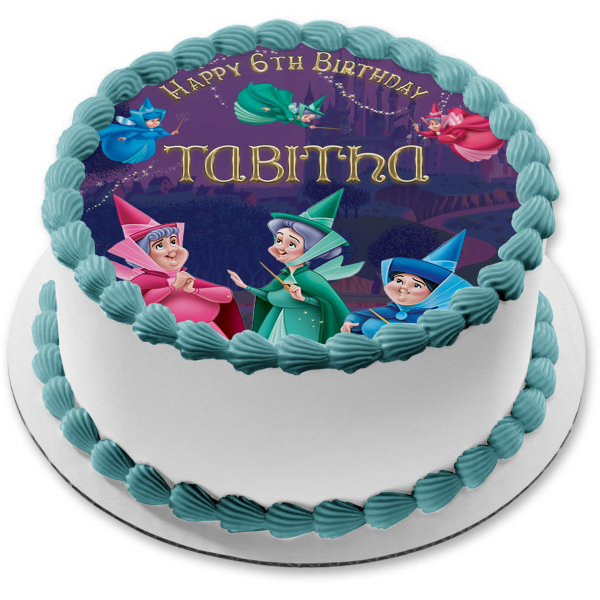 Disney the Good Fairies Flora Fauna Merryweather Sleeping Beauty Castle Quarter Edible Cake Topper Image ABPID56770