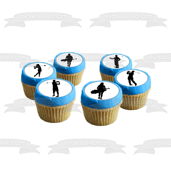 Golfing Golf Clubs and Caddys Backswing Action Silhouettes Edible Cupcake Topper Images ABPID55856